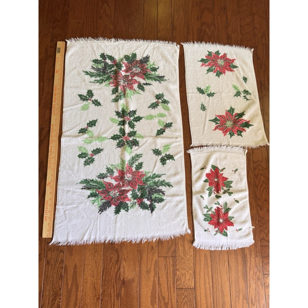 Vtg Christmas Poinsettia Towel‎ Set Lot Sears Holiday Tea Hand Bath Red Green